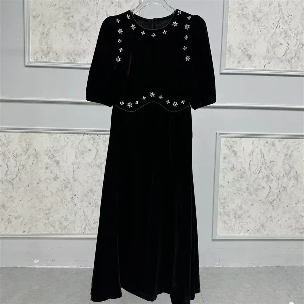 Handmade Nail Beaded Women Velvet Midi Dress Puff Sleeve Slim Waist Female Elegant Evening Dresss Spring Summer