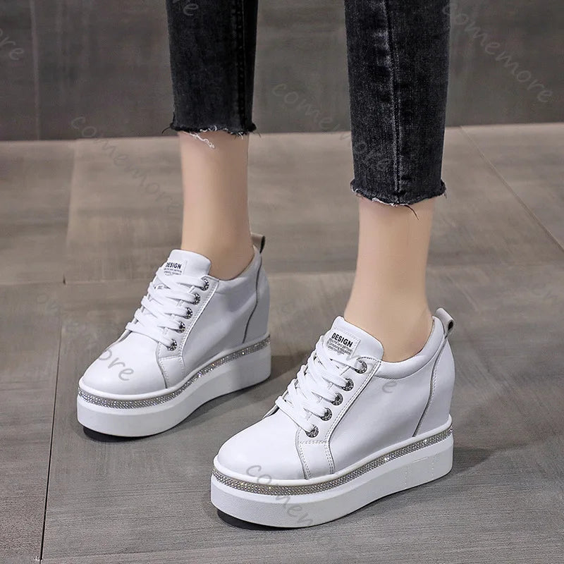 Comemore Internal High Vulcanised Shoes Women Spring Autumn Thick Bottom Casual Single Shoes Lace Up Black White Sneakers Women