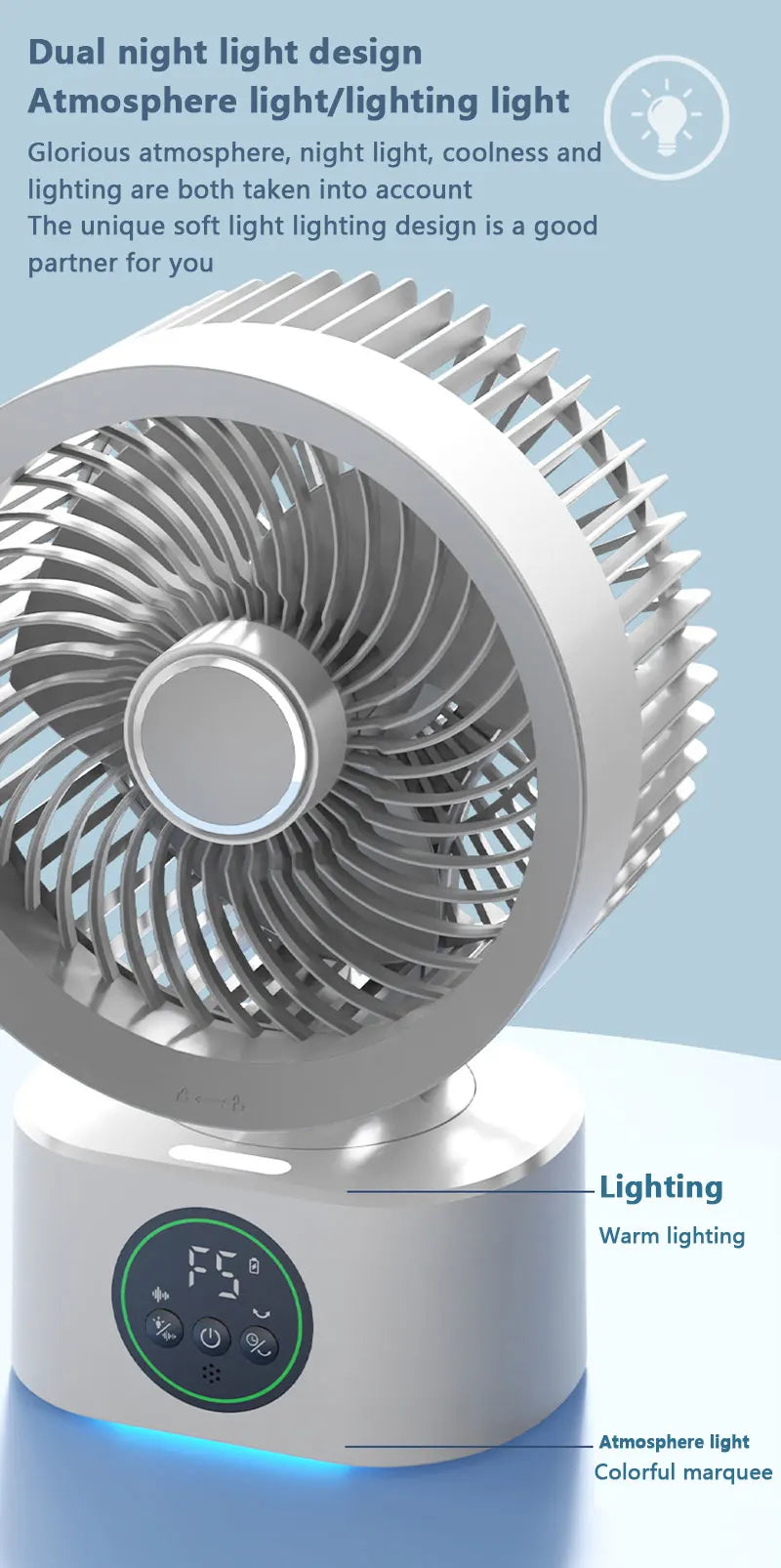Portable Air Circulation Fan Smart Voice Remote Control USB Rechargeable Desktop Wall-Hanging Shaking Head Fan with Nightlight