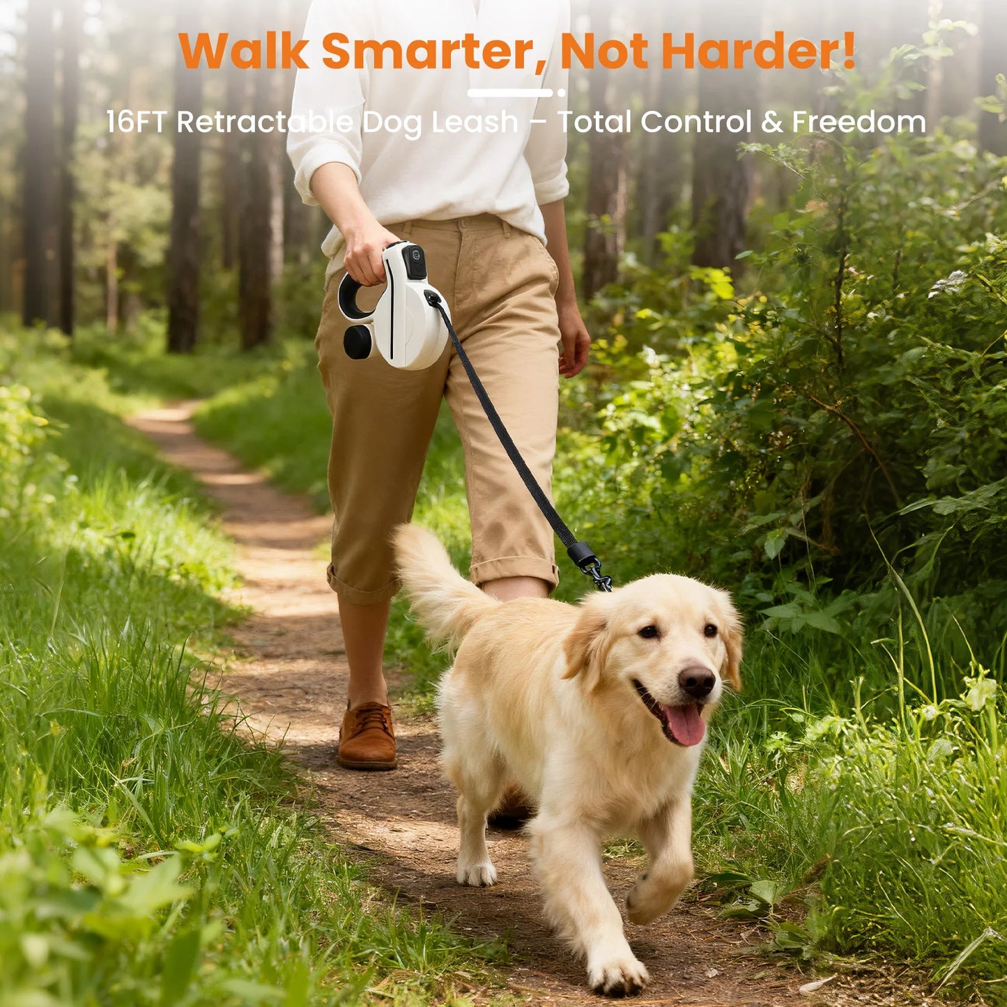 16ft USB LED Retractable Dog Leash, Reflective & Tangle-Free with Poop Bag Holder for Night Safety, Black