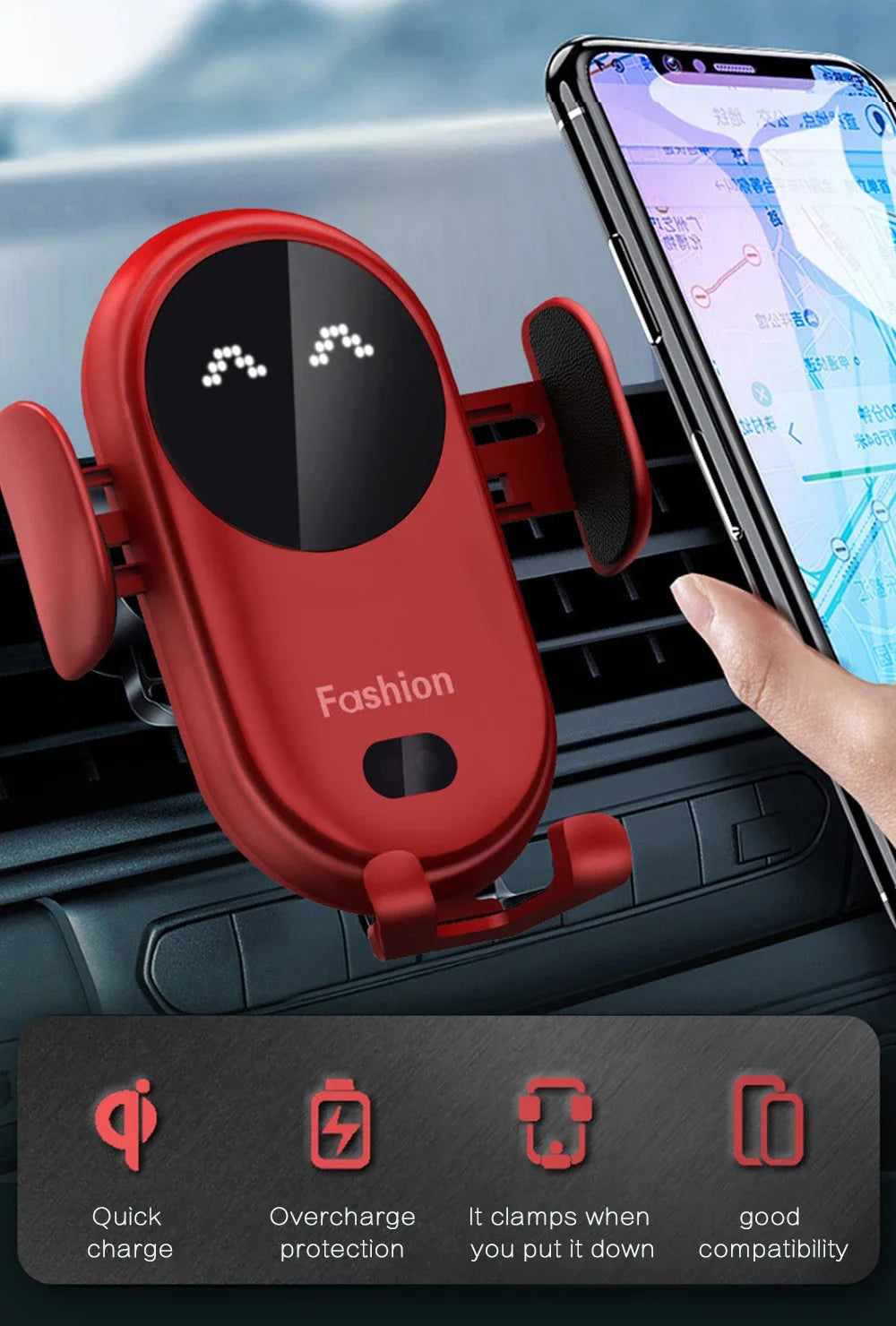 S11 Fashion Qi Fast Wireless Charger Car Phone Holder Smart Infrared Sensor Air Vent Mount Automatic Clamping Mobile Phone Stand