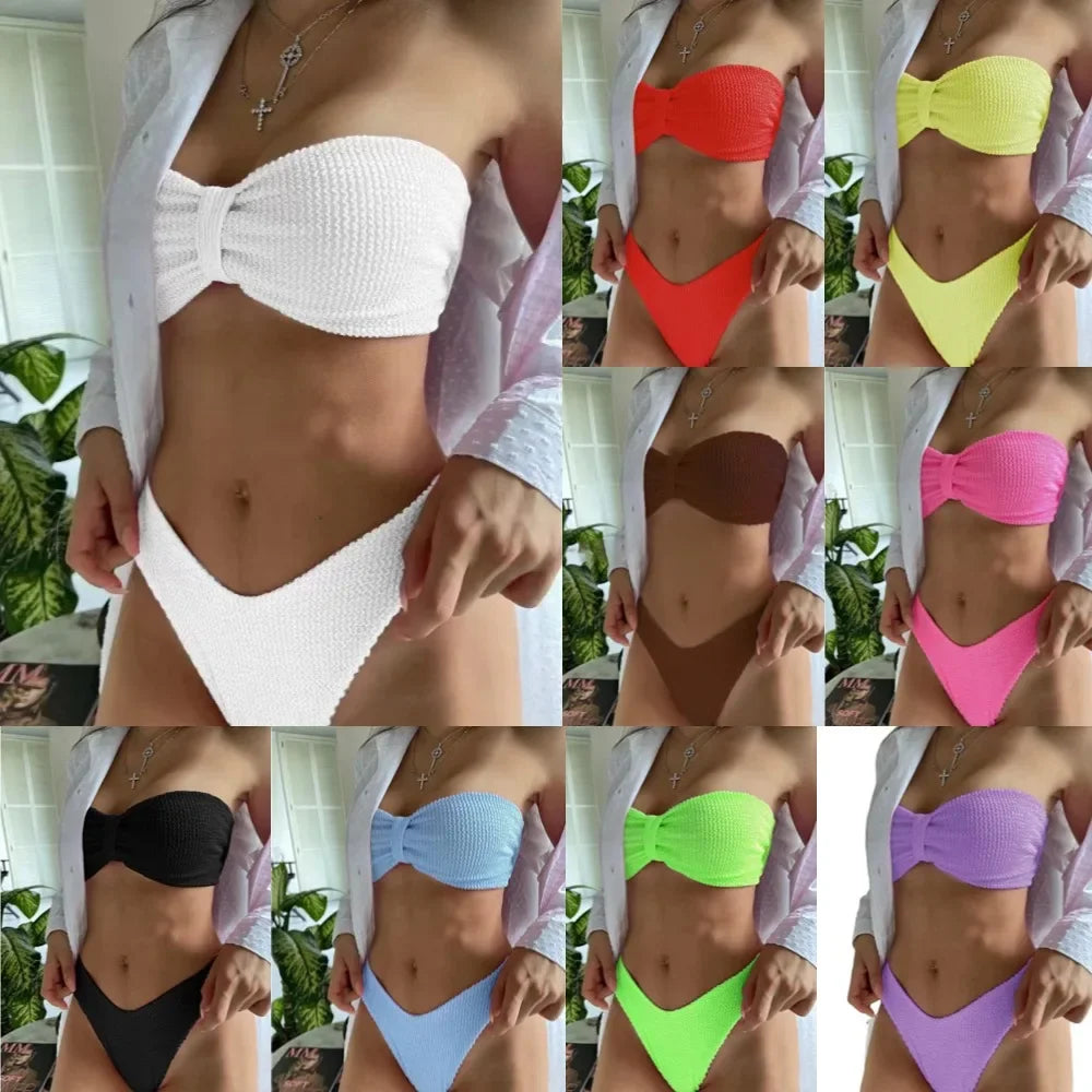 Sexy Pure Color Bikini Swimsuit Two-Piece Strapless Crossbody Women's Swimwear Trendy Beachwear Cross-Border Popular