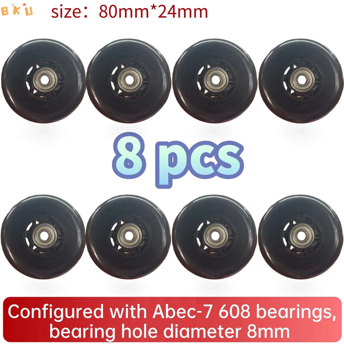 BKU 80mm PU Durable Replacement Wheels (8PCS) - Compatible with Inline Skates Scooters Strollers Suitcases