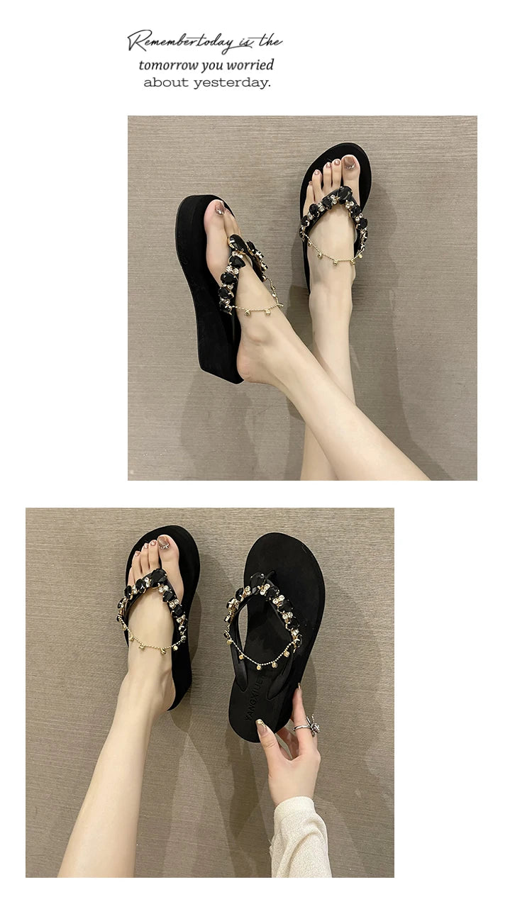 Rhinestone Chain Summer Flip Flops Sandals Women Comfortable Beach Shoes Non-slip Soft Bottom Casual 5cm Heels Wedges Slippers