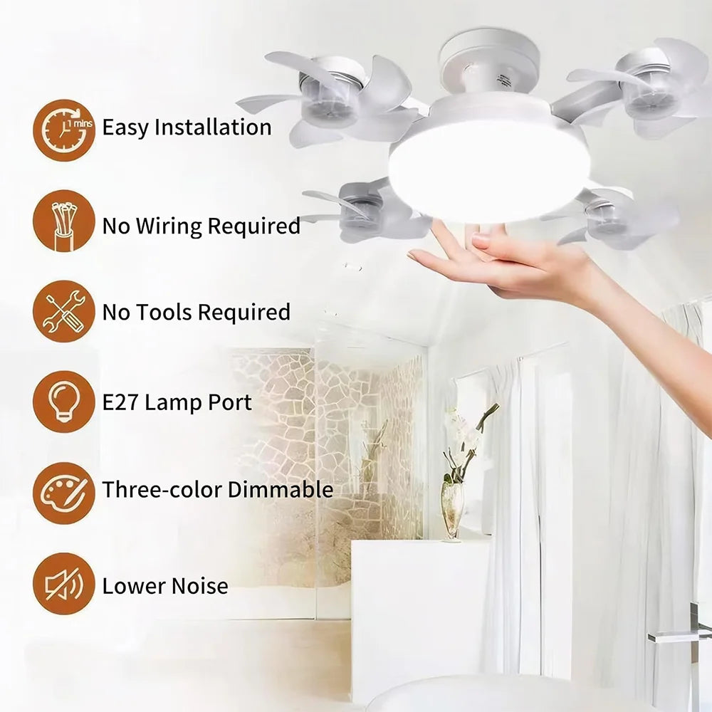 E27 Screw in Ceiling Fan with Remote Control Socket Fan Light Drone Fan Dimmable 3Color Temperatures for Bedroom Kitchen Garage