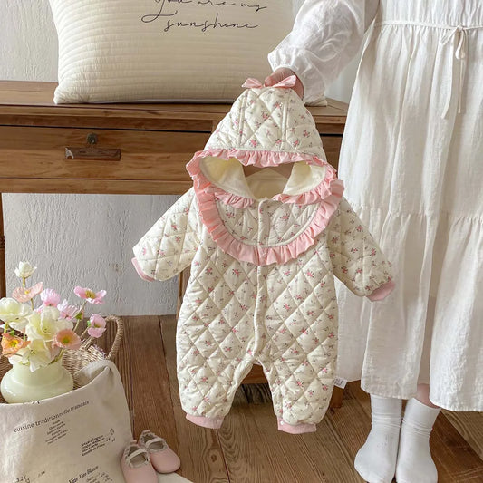 Baby Girl Winter Sweet and Cute Floral Cotton Padded Hooded Jumpsuit, Baby Girl Warm and Comfortable Long Sleeve Cotton Padded Jumpsuit