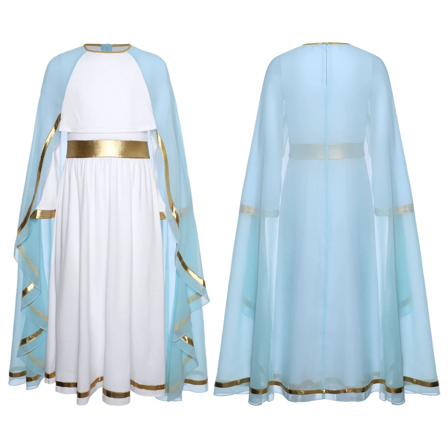 Halloween Virgin Mary Costume for Kids Girls Fancy Greek Princess Cosplay Long Sleeve Ruffle Dress with Chiffon Cape Theme Party