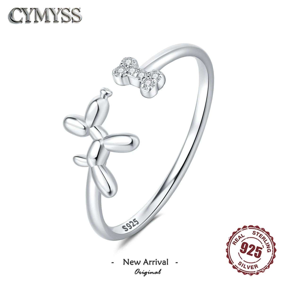 Original 925 Sterling Silver Zircon Bone Balloon Dog Adjustable Open Ring Fine Jewelry Luxury Gift for Women Birthday Party 2026