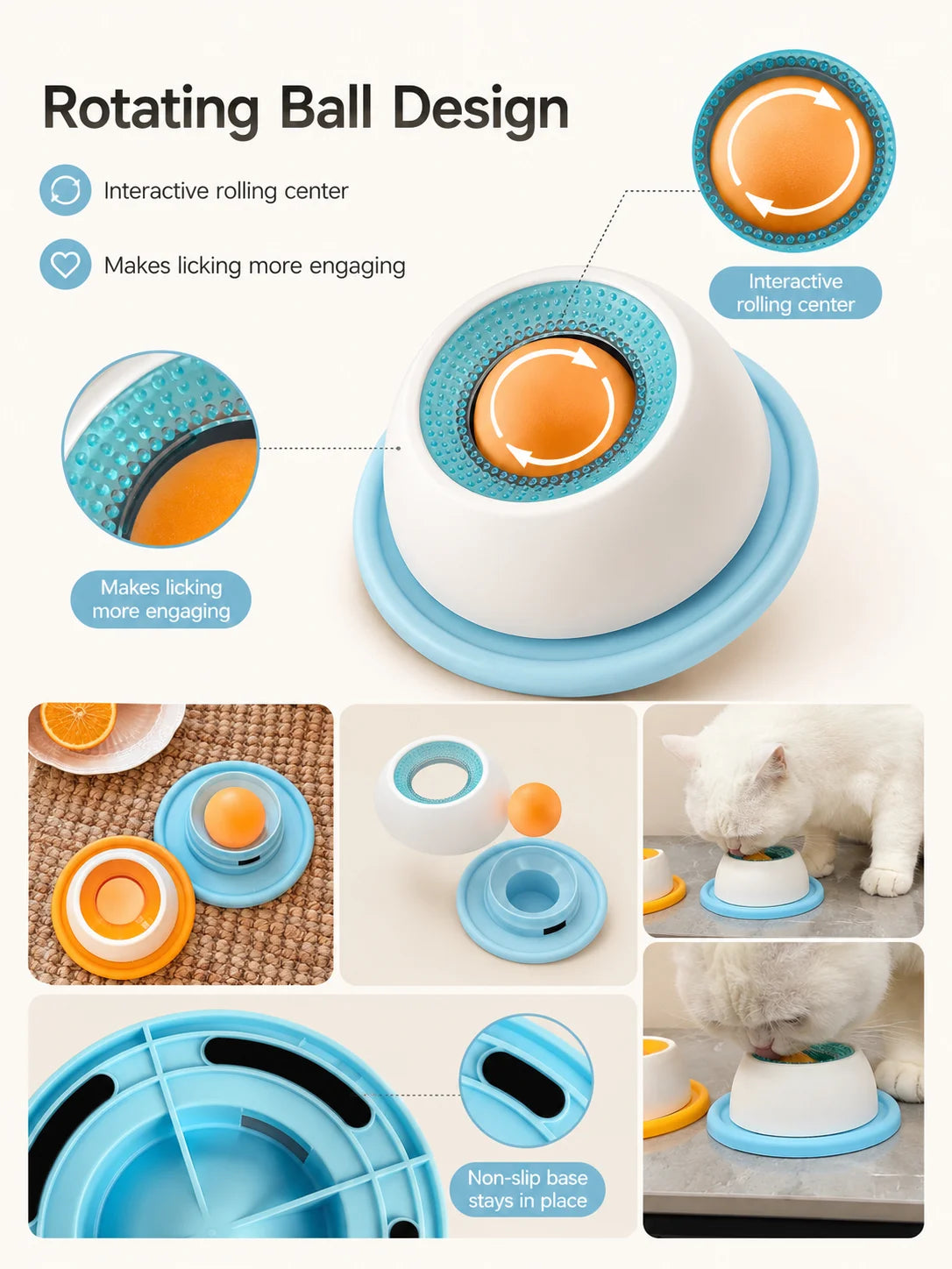 Pet Lick Plate Slow Feeder Bowl for Cats Small Dogs Rotating Ball Treat Toy Anti Slip Licking Mat for Wet Food
