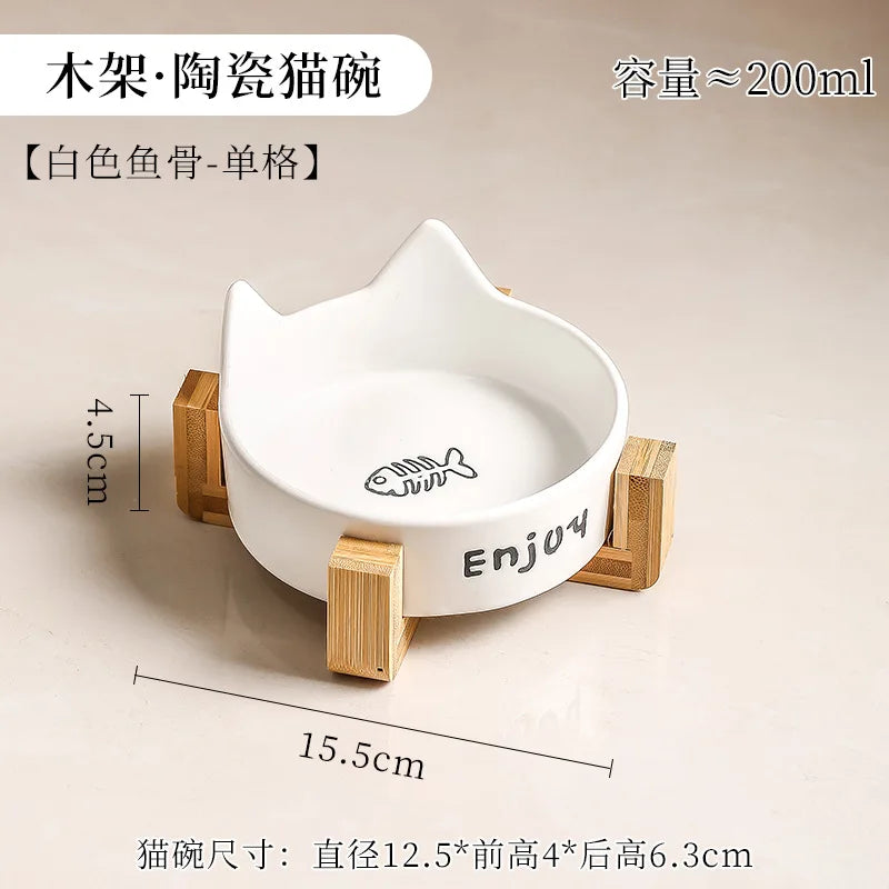 Ceramic Double Bowl Pet Cat Bowl Anti-Slip Heightened Bamboo Table Feeding Bowl Pet Supplies Water Feeders Small Dogs Supplies