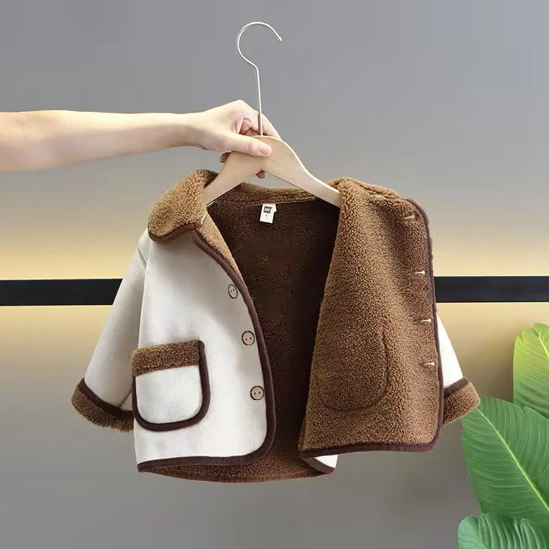 Baby Boys Girls Suede Sherpa Lined Jacket Kids Lapel Warm Coat Single Breasted Pocket Autumn Winter Toddler Outerwear