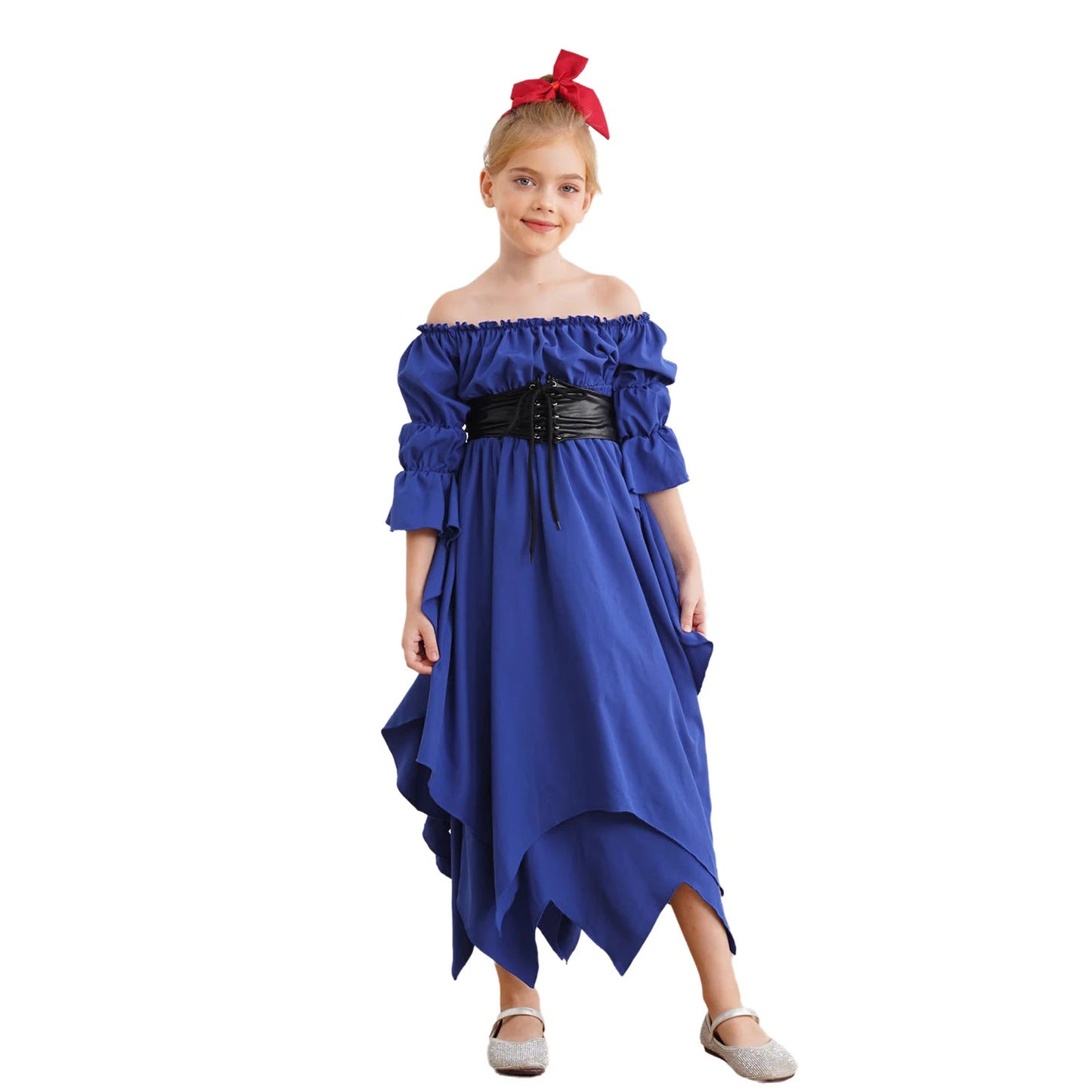 Girls Halloween Medieval Renaissance Witch Vampire Cosplay Costume Victorian Gothic Dress Off Shoulder Smocked Irregular Gown