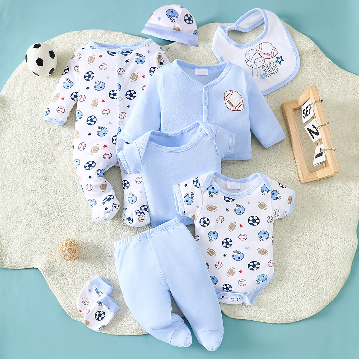 8-Piece Baby Romper Set | 100% Cotton | Soft & Breathable | Blue Cartoon Rugby Design | For 0-9 Months Infants