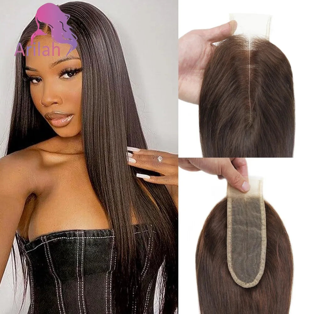 Color 2 Dark Brown Straight 2x6 Human Hair Lace Closure Long Deep Parting Brazilian Virgin Hair 10-22 Inch 150% Density Full End