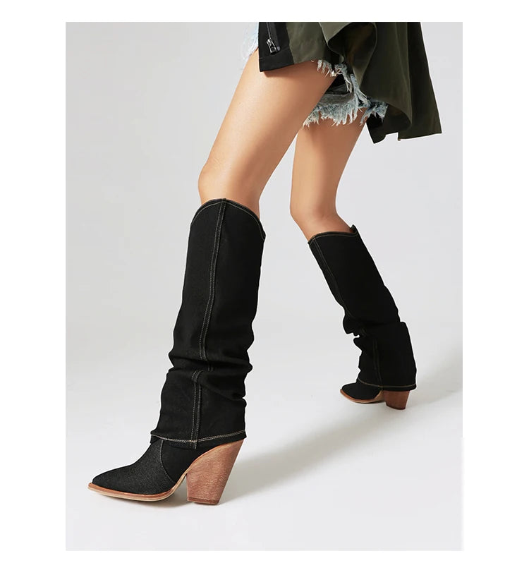 Turned-Over Edge Denim Fashion Sleeve For Women's Knee High Boots Super High Wood Grain Tapered Thick Heel New Winter Boots