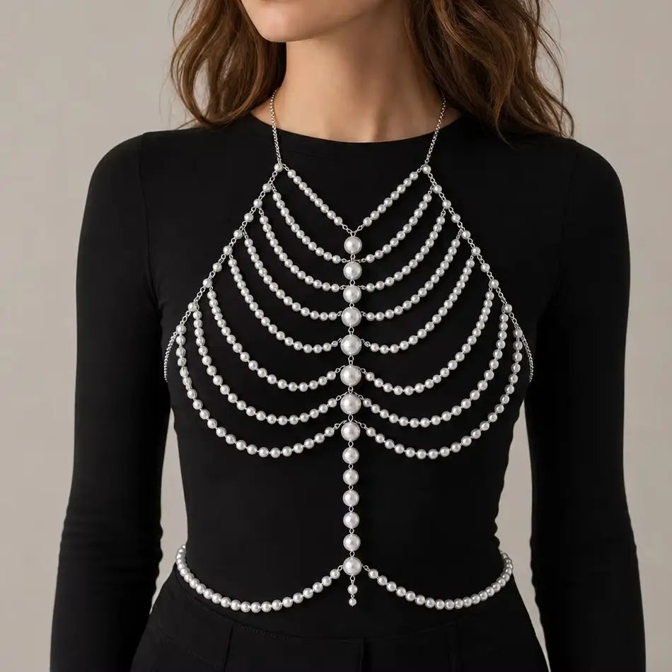 Luxe Imitation Pearl Body Chain for Women Beaded Halter Chest Chain Layered Top Bridal Wedding Party Fashion Jewelry Gift