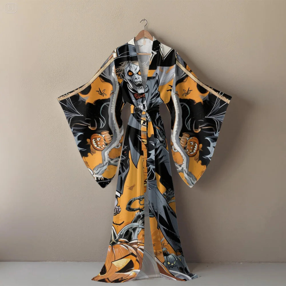 Halloween Cosplay Women's Sexy V-Neck Robe with Abstract Ghost Print - Long Sleeve Party Costume Unique Vampire Witch Long Robe