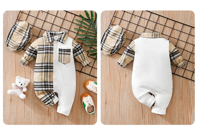 Newborn Clothes Casual Checkered Comfortable Boy And Girl Spring And Autumn Long Sleeved Baby Jumpsuit+Hat Two-Piece Set