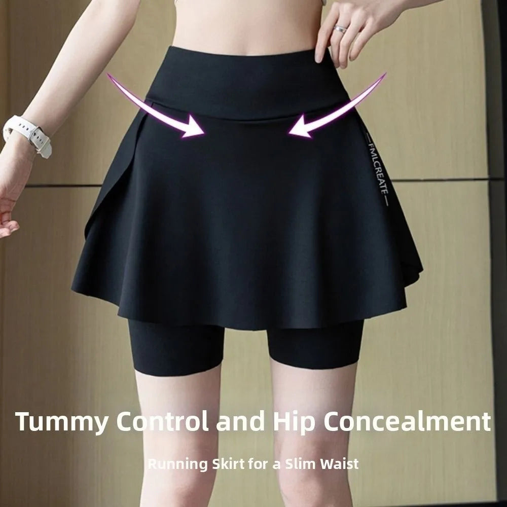 New Elastic High Waist Yoga Skorts Built in Pockets Anti-exposure Sport Running Shorts Quick-drying Cycling Skorts Summer Sports