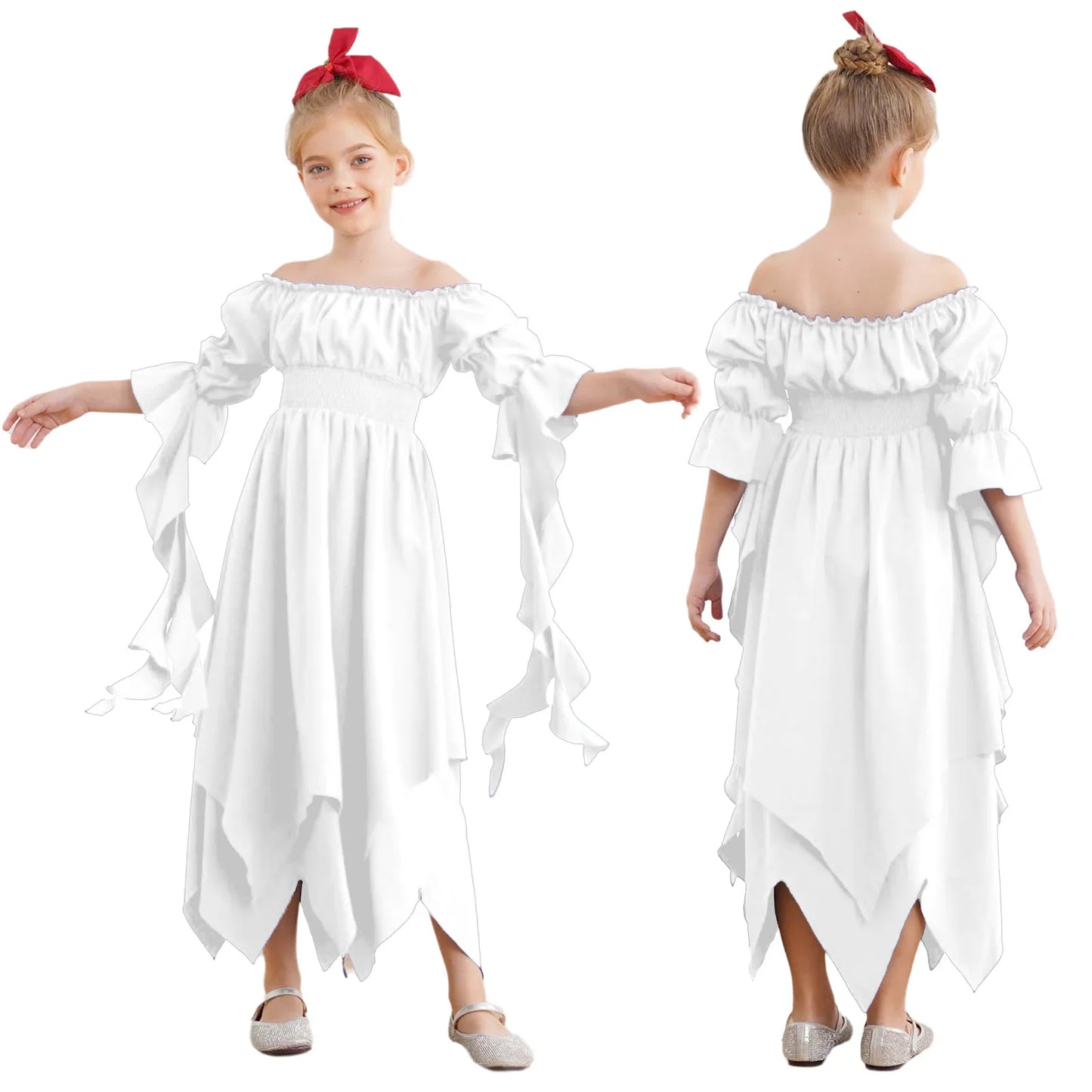 Girls Halloween Medieval Renaissance Witch Vampire Cosplay Costume Victorian Gothic Dress Off Shoulder Smocked Irregular Gown