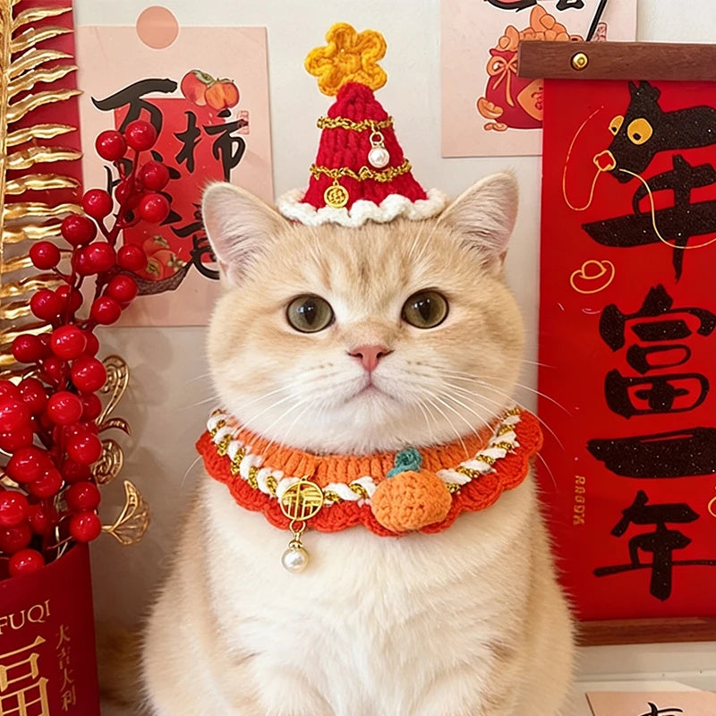 New Year Cat Collar Pet Cat Dog Scarfs Crocheted Kitten Puppy Collar Spring Festival Cat Cosplay Costume Pet Accessiories