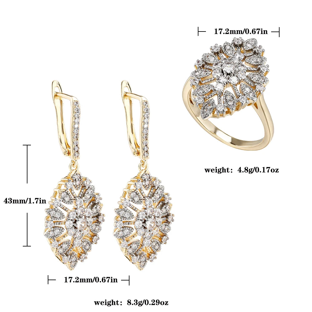 Flower hollow design inlaid with zircon two-tone hoop earrings and ring set fashion jewelry wedding party holiday accessories