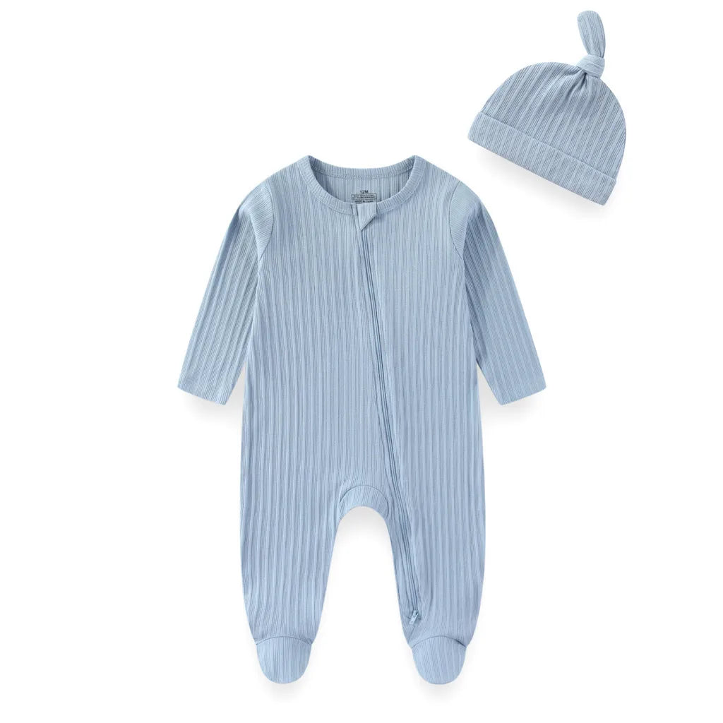 2 Pieces Solid Color Romper+Hat 2-way Zipper Cotton Baby Girl Clothes 0-12M Spring Newborn Baby Boy Clothes Sets Winter