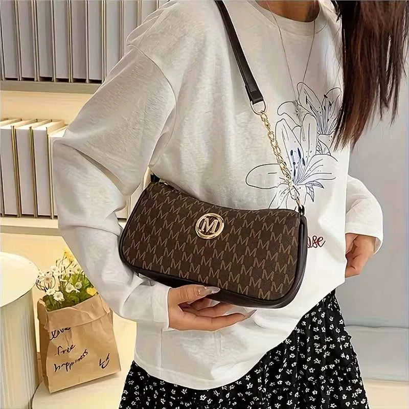Fashion Ladies Geometric Print Chain Underarm Bag Metal Logo Decor Lightweight Shoulder Crossbody Handbag for Daily Use