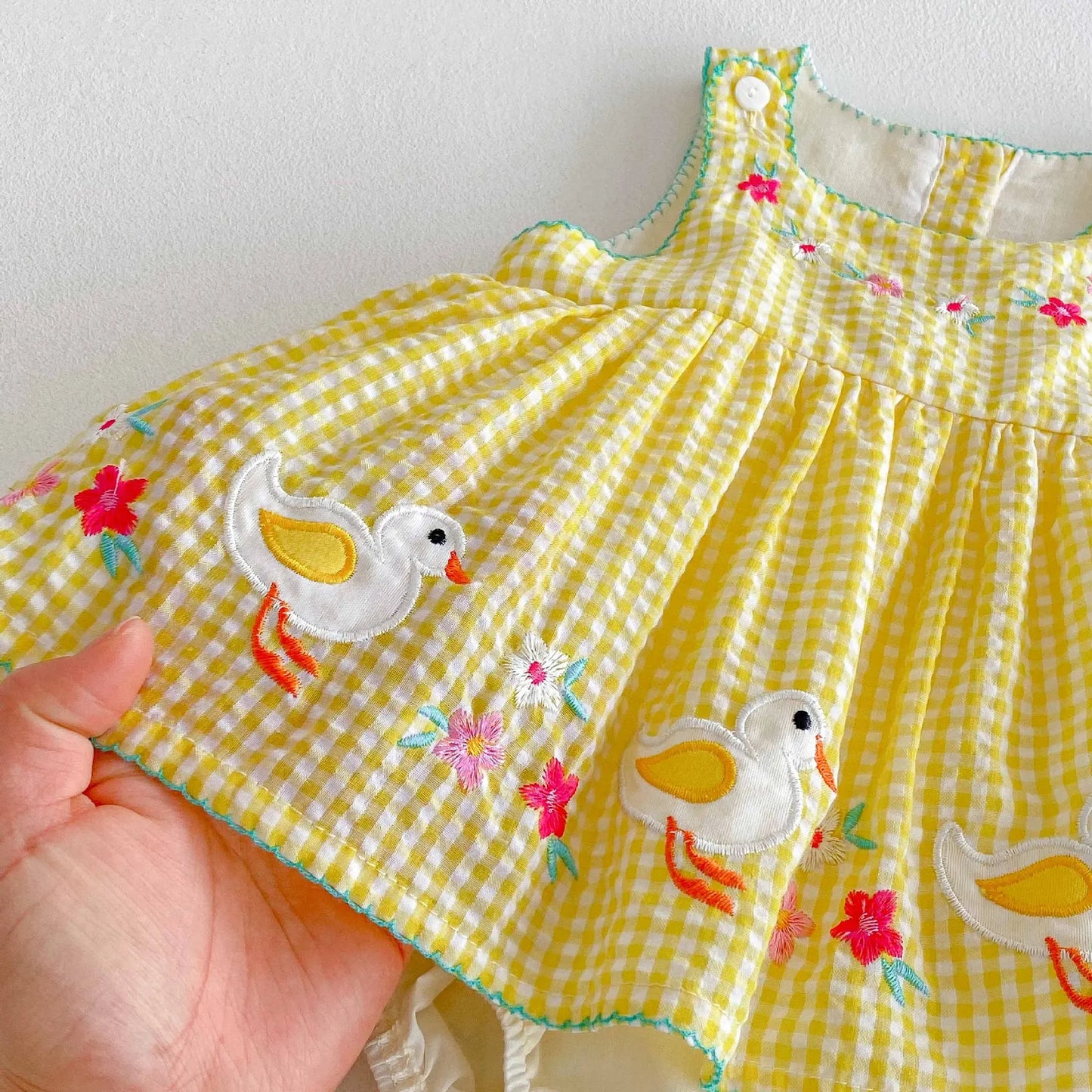 Baby Girl Summer Stylish Sweet Thin Class A Cotton Romper Dress - Cute Cartoon Duck Pattern Yellow Checkered Sleeveless Onesie