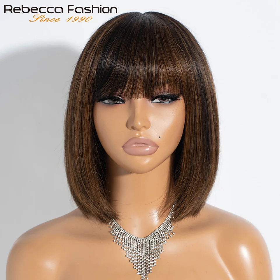 Glueless Highlight P1B/30 Short Bob 3x1 Lace Human Hair Wig Ready To Go Straight Bob With Bangs For Women Beginner Friendly