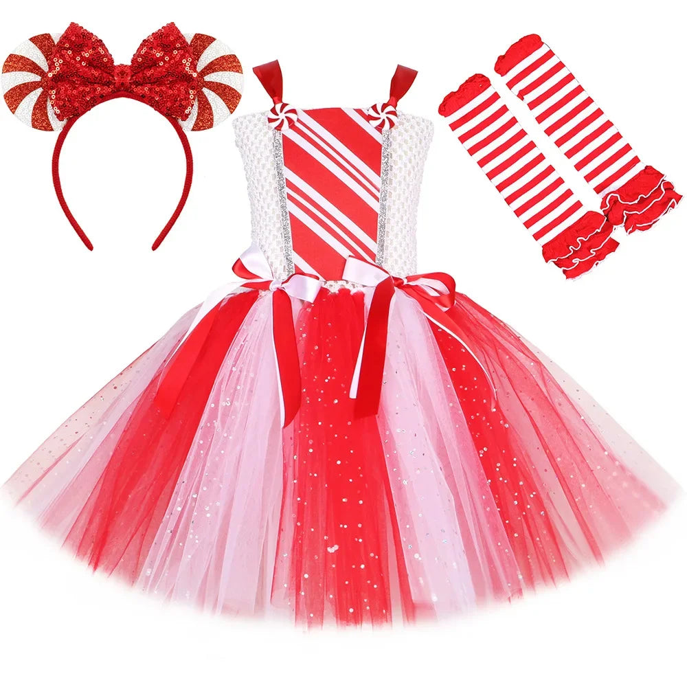 Sparkly Christmas Candy Costumes for Girls White Red Xmas Party Dresses with Bow Socks Kids New Year Tutu Outfit Holiday Clothes