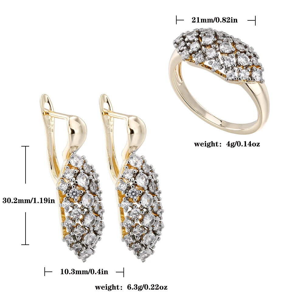 Hollow oval inlaid zircon earrings and rings three-piece elegant fashion jewelry two-tone set wedding party accessories