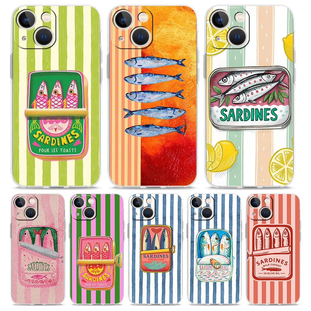 Soft TPU Transparent Phone Case Cover for iPhone 17 16 15 14 13 12 11 Pro Max 17 Air 7 8 Plus Fundas Funny Fish Sardines Laser