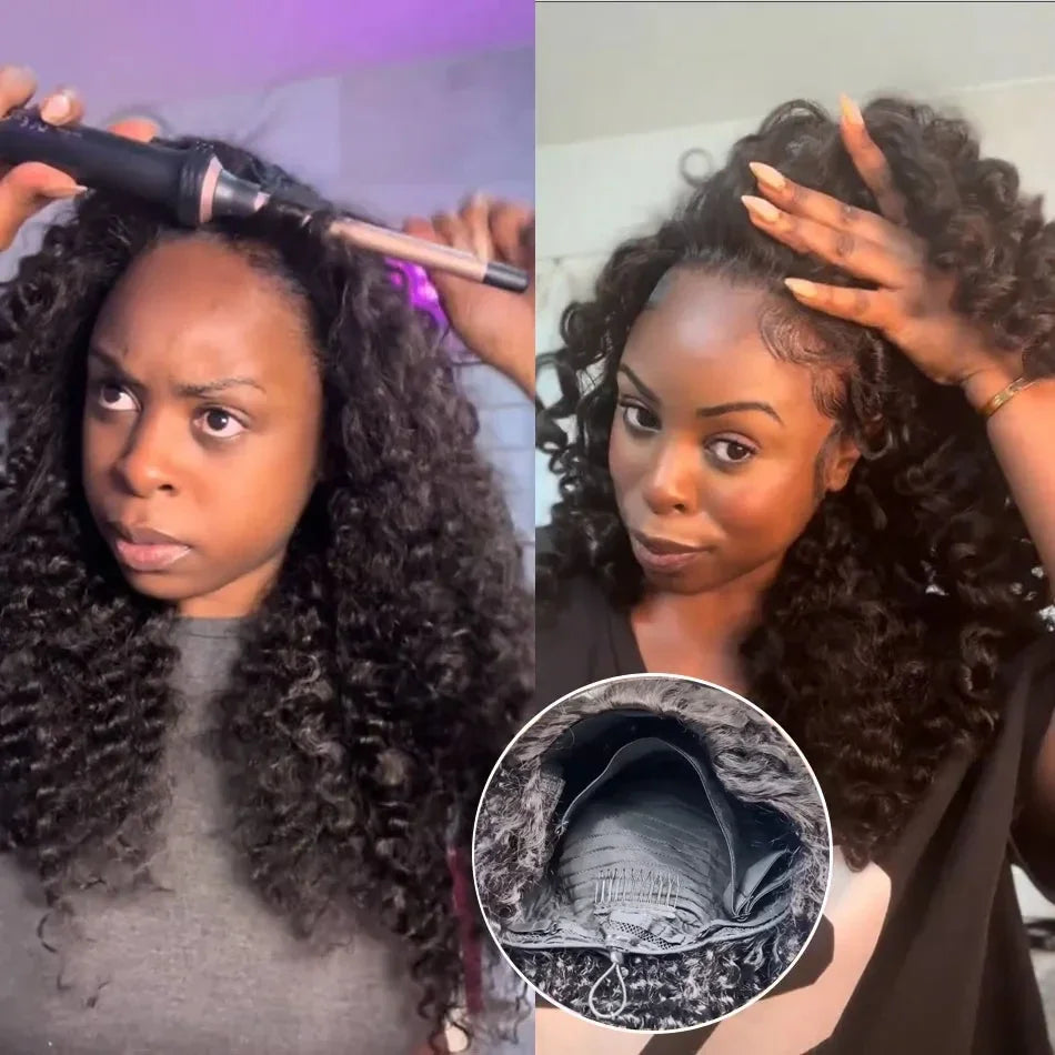 Deep Wave 3 In 1 Half Wig 100% Human Hair Glueless Curly Wigs Ready to Wear Seamless Flip Over Half Wig With Drawstring Clip Ins
