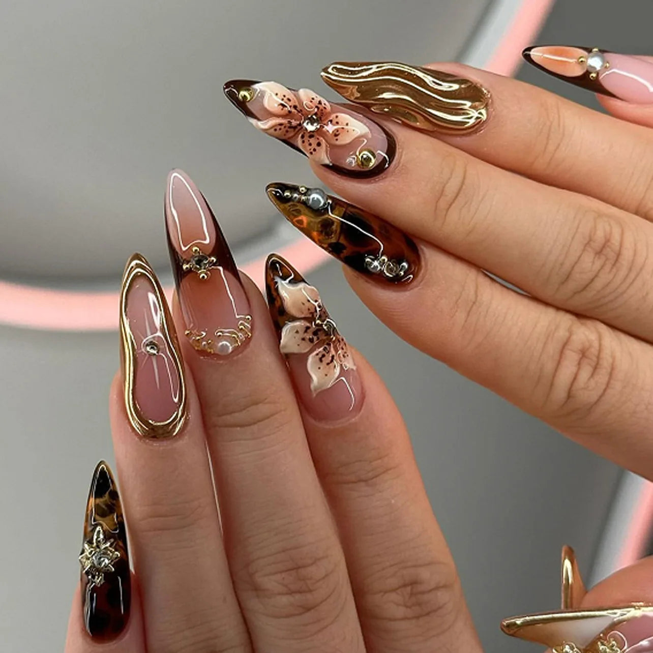 24pcs Long Almond False Nails with Flower Pearl Rhinestone Design Fake Nails Leopard Print Press on Nails Sets Finished Manicure