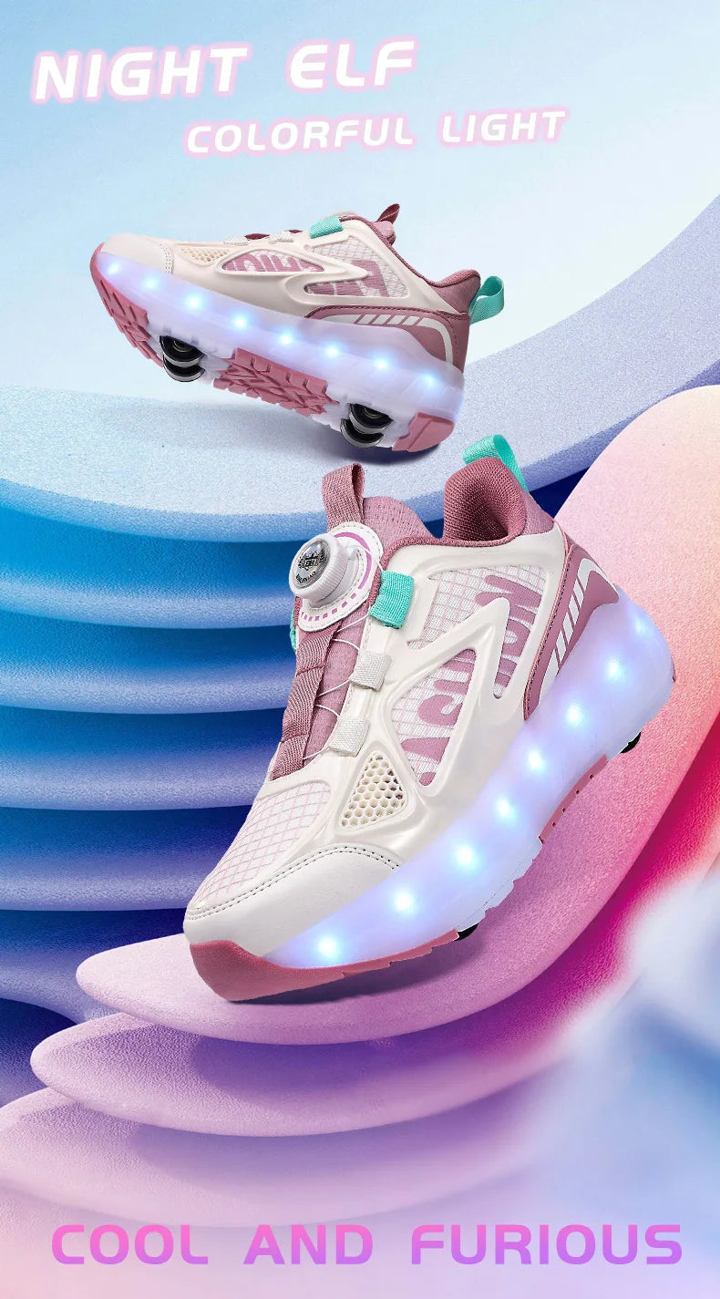 Children's Roller Skate Shoes 4-Wheels Removable Wheeled Rolling Shoes for Kids with LED Light Inline Skate Sneaker