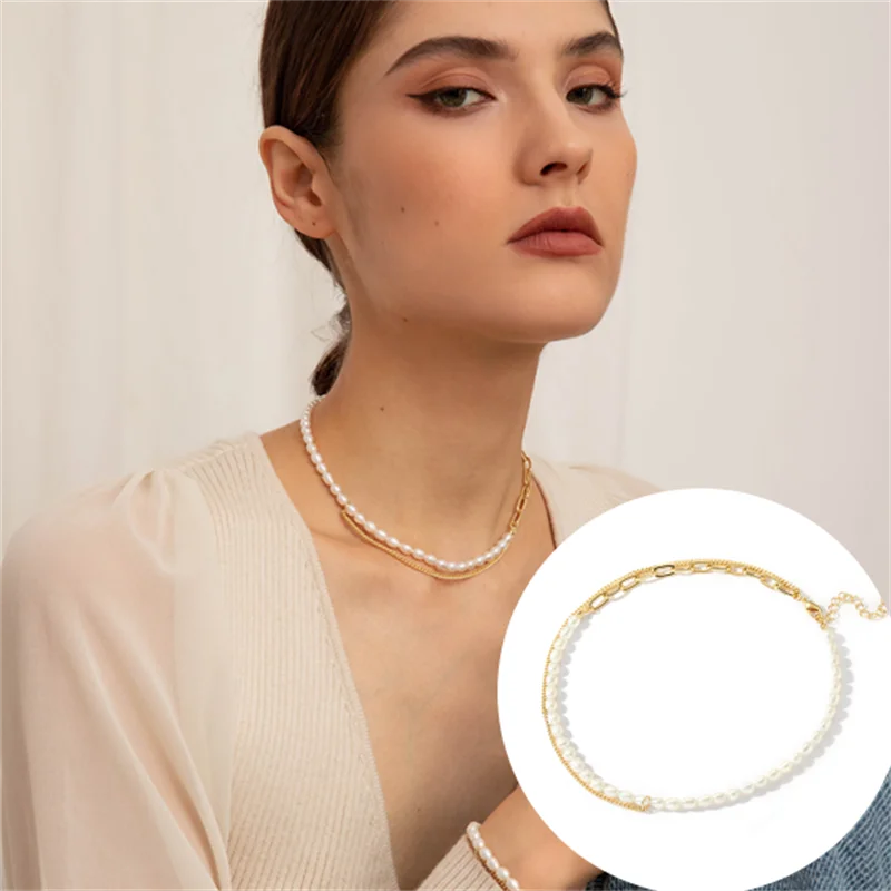 Fashion Splicing Chain Necklaces White Imitation Pearl Choker Necklace For Women Trend Elegant Jewelry Wedding Gifts