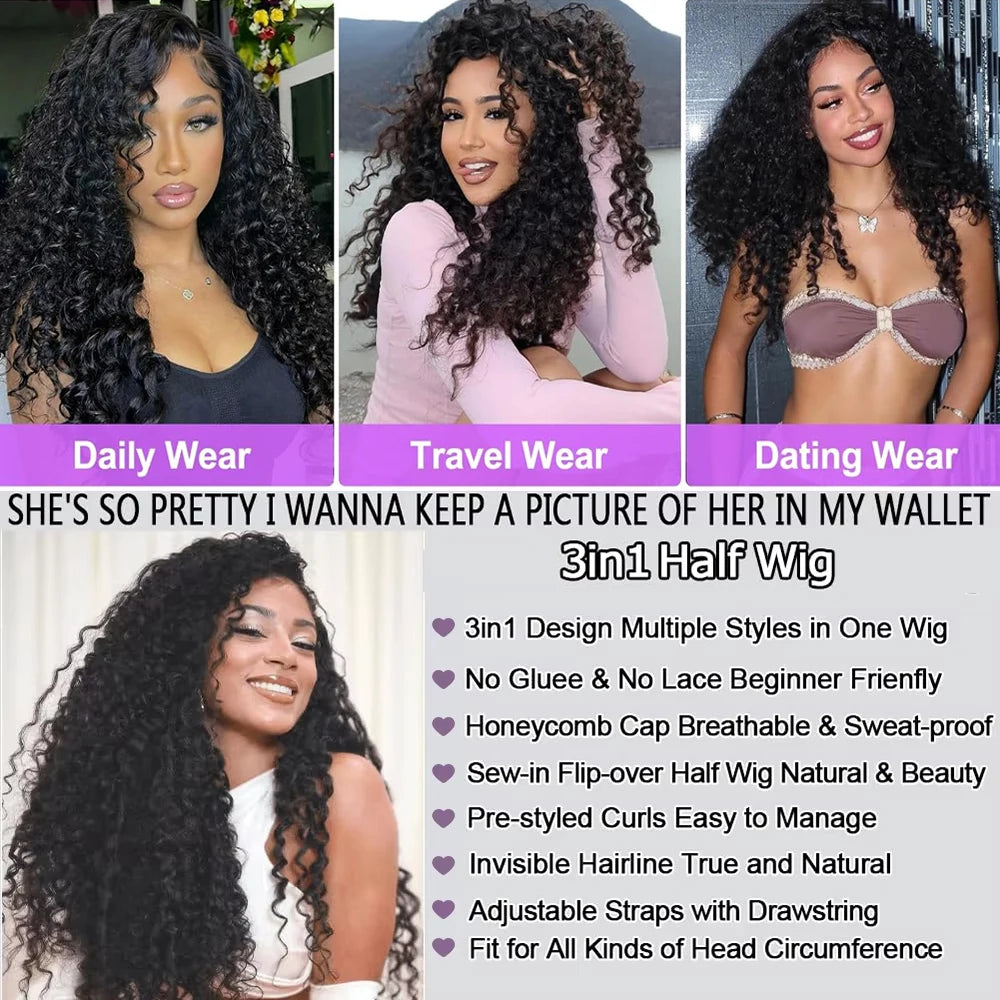 Deep Wave 3 In 1 Half Wig 100% Human Hair Glueless Curly Wigs Ready to Wear Seamless Flip Over Half Wig With Drawstring Clip Ins
