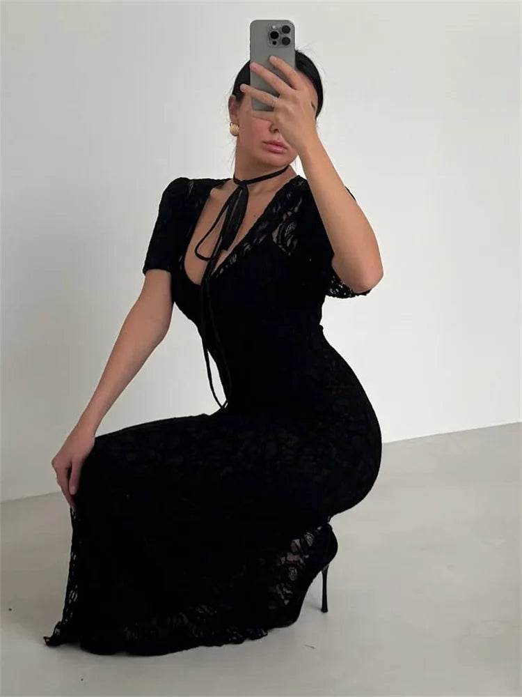 Tossy Fashion Lace Hollow Out Long Dress Women's V-Neck High Waist Sexy See-Through Printed Summer Dress Female Bodycon Dress