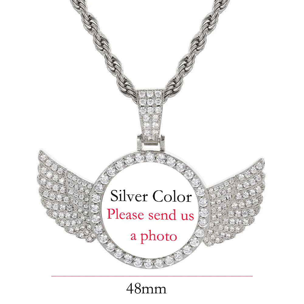 HHIOK Custom 18K Gold Plated Cubic Zircon Photo Pendant Medallions Wing Circle Pendant Necklace Personalized Wholesale