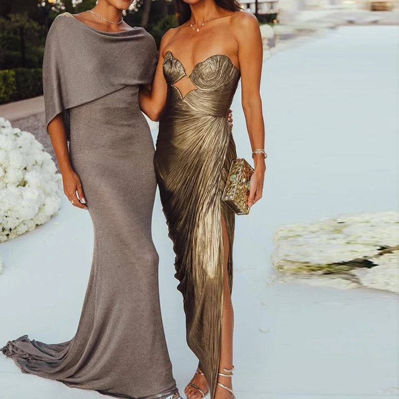 Lady Temperament Off Shoulder Pleats Slim A-line Dress Backless Irregular Long Dress Fashion Strapless High Waist Cocktail Dress