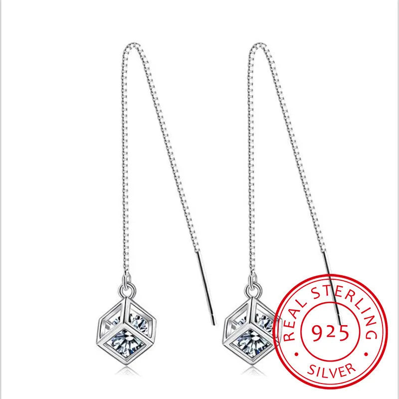 925 Sterling Silver Long Tassel Crystal Square Cube Zirconia Drop Earrings For Women Girs Sterling-silver-jewelry Pendiente
