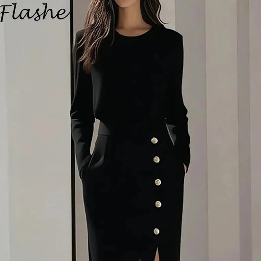 Office Lady Dress White Black Pink O Neck Long Sleeve Split Up A-line Party Dress Women Autumn Midi Dress 2025
