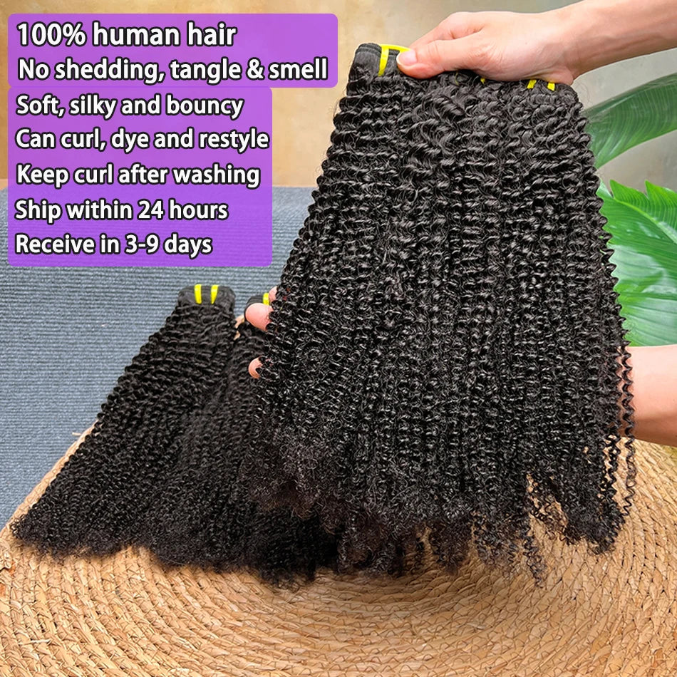 Kinky Curly 100% Human Hair Bundles Double Weft Hair Weave Extensions Natural Black Color Unprocessed Raw Virgin Hair For Women