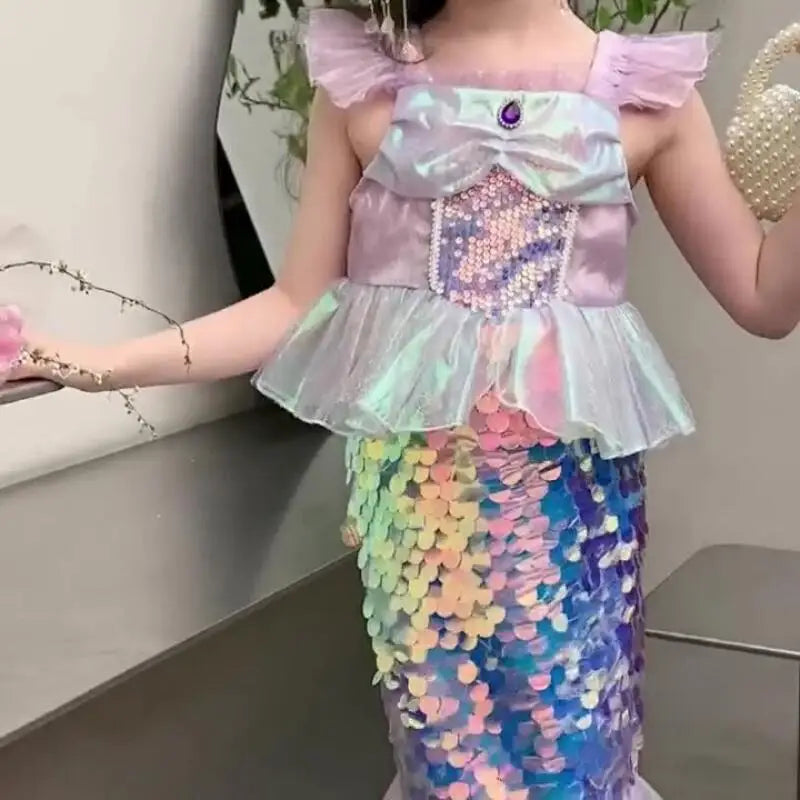 Mermaid Princess Dress Carnival Birthday Party Dress Halloween Mermaid Costume Girl Princess Costume Sequined Fishtail Skirt