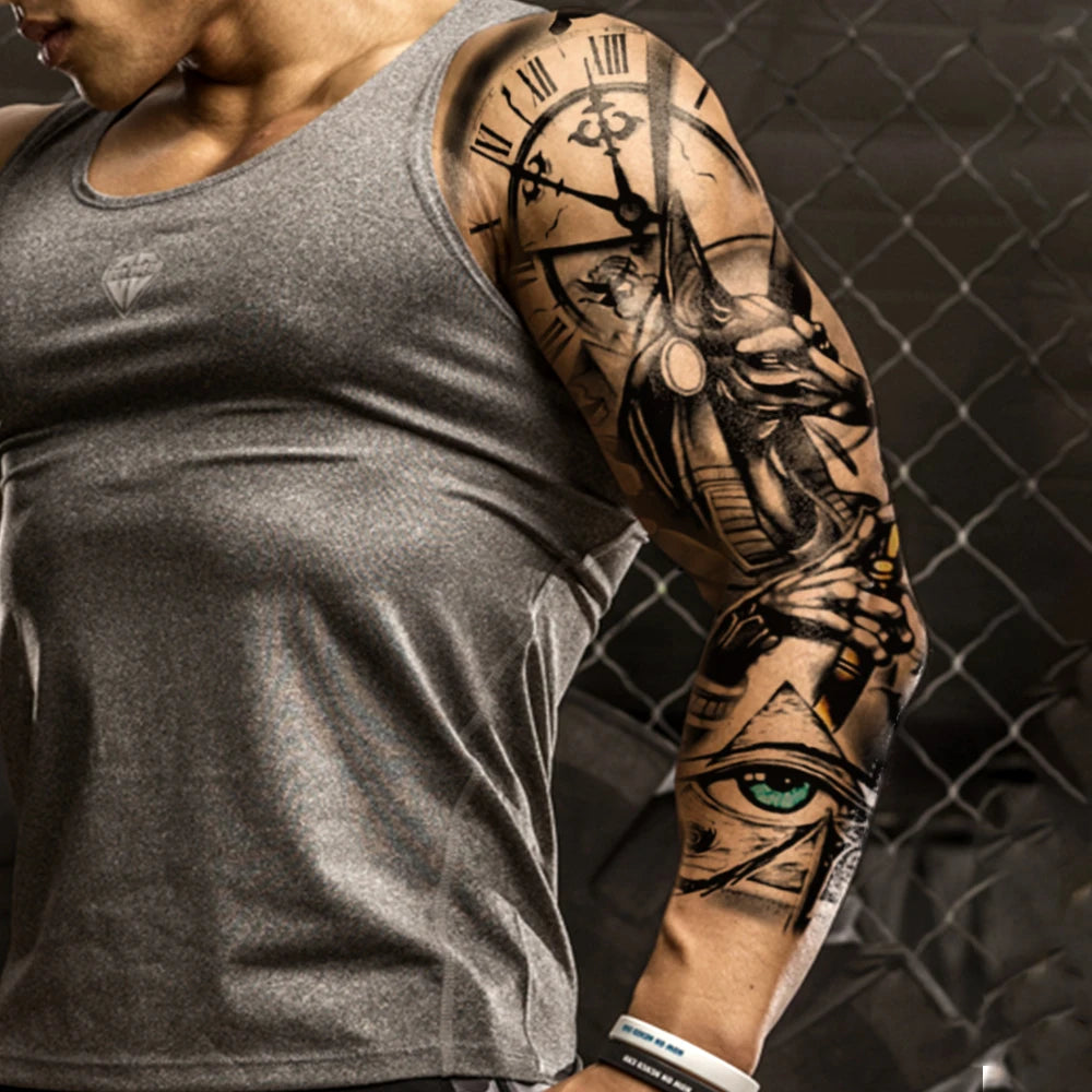 Large Full Arm Sleeve Waterproof Temporary Tattoo Sticker Mechanical Egyptian Dog Eye Clock Fake Tatoo Body Art Tatto Men Women