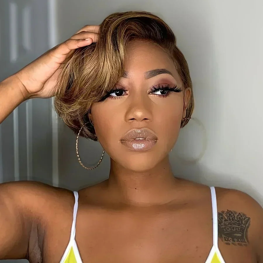 13x4 Lace Front Pixie Cut Bob Wig Highlight Honey Blonde Ombre Brazilian Remy Human Hair Pre‑Plucked Natural Hairline Soft