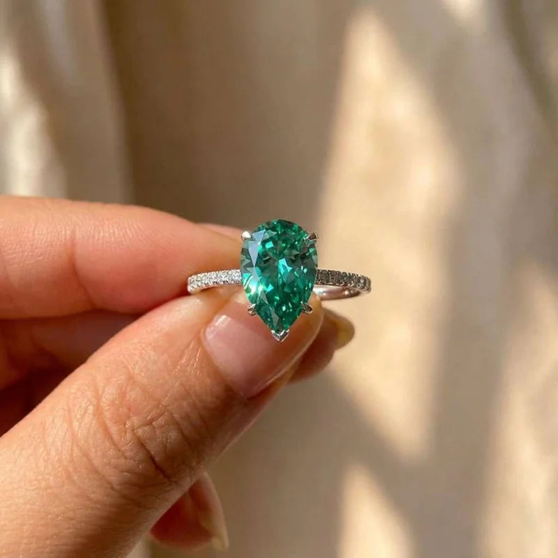 925 Sterling Silver Green Water Drop CZ Rings for Women Luxury Trendy Wedding Engagement Accessories Temperament Female Jewelry