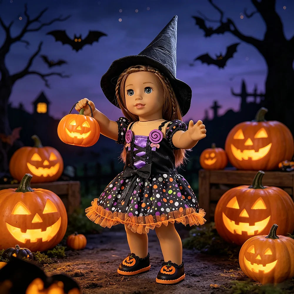 Halloween Doll Costume Outfit Suitable for 18 Inch Dolls. Doll Holiday Costume Set with Three Pieces and Doll Accessories
