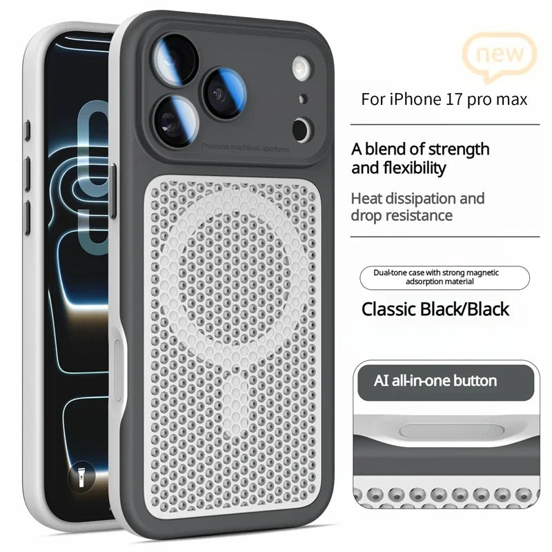 Heat Dissipation Mesh Magnetic Case for iPhone 17 15 14 13 12 16 Pro Max Plus For Magsafe Lens Protector Shockproof Bumper Cover